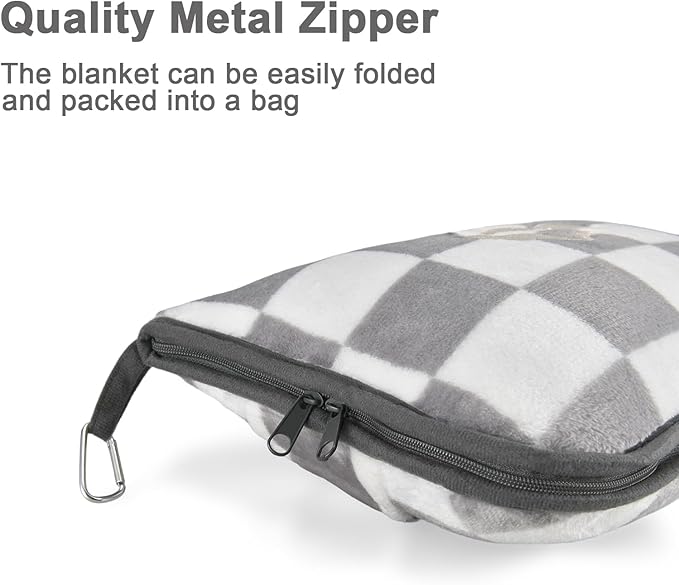 Travel Blanket and Pillow Compact, Premium Soft 2 in 1 Airplane Blanket with Soft Bag Pillowcase，Hand Luggage Sleeve and Backpack Clip (Grey Checkered)