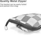 Travel Blanket and Pillow Compact, Premium Soft 2 in 1 Airplane Blanket with Soft Bag Pillowcase，Hand Luggage Sleeve and Backpack Clip (Grey Checkered)