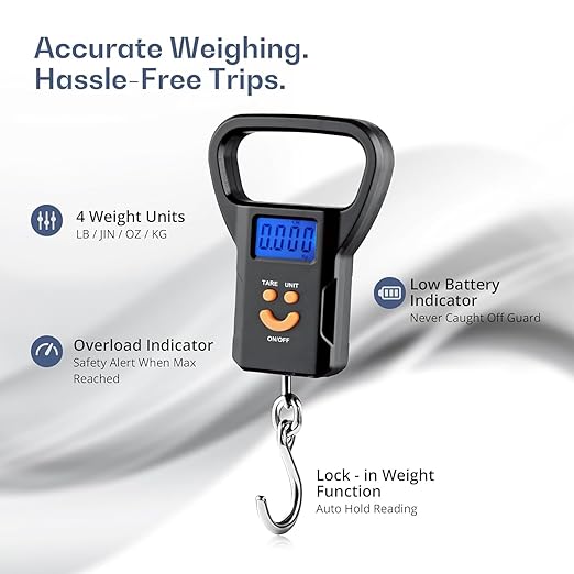 Luggage Weighing Scale, Portable, 50 KG, Hook Type with Digital LED Screen, Tare Function, Auto Power Off, Data Look Function, Over Load & Low Battery Indicator (Black) & Without Battery