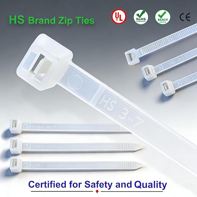 HS Zip Ties 10 Inch White 50 LBS Nylon Medium Clear Cable Ties Straps Strong for Bike/Car/Cord Management,100 Pack