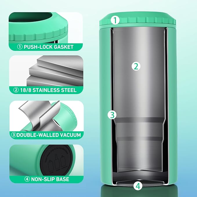 3 in 1 Slim Can Cooler for 12 OZ Skinny Can, Regular Can & Beer Bottle - Keep Cold for 6 Hours - Double Walled Insulated Stainless Steel Vacuum Beverage Can Insulator