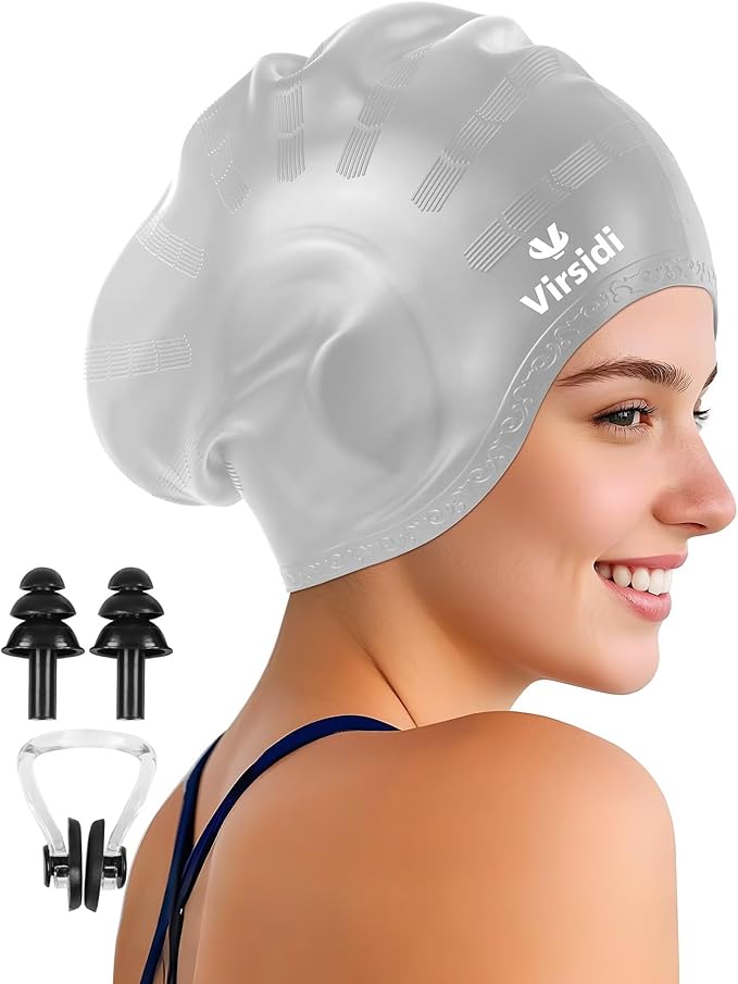 Swim Cap for Long Hair, Silicone Swimming Cap for Adult Women Men with 3D Ear Protection, Waterproof Large Swim Hats Bathing Caps to Keep Hair Dry with Ear Plugs Nose Clip
