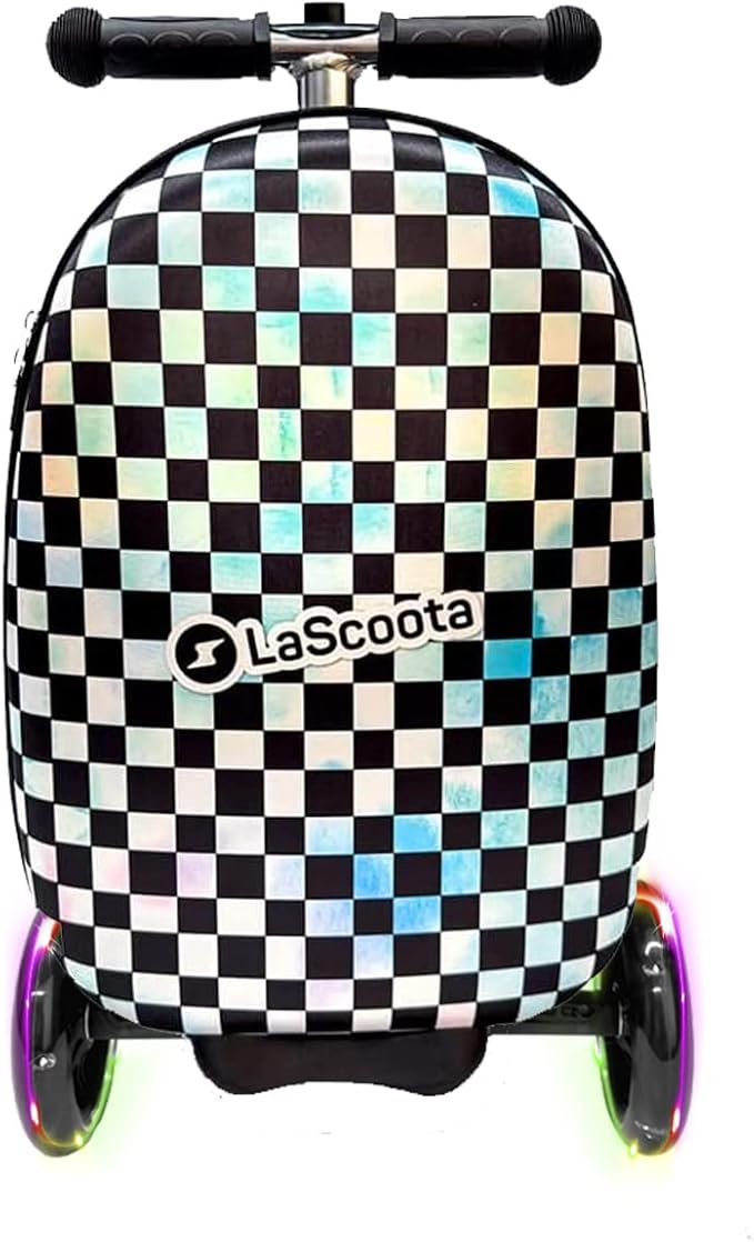 Lascoota Scooter Suitcase - Ride Suitcase for Kids - Carry Luggage & Kid Scooter - Lightweight Luggage with LED Lights - Checkered, 24 x 15 x 19 in, Unisex Child