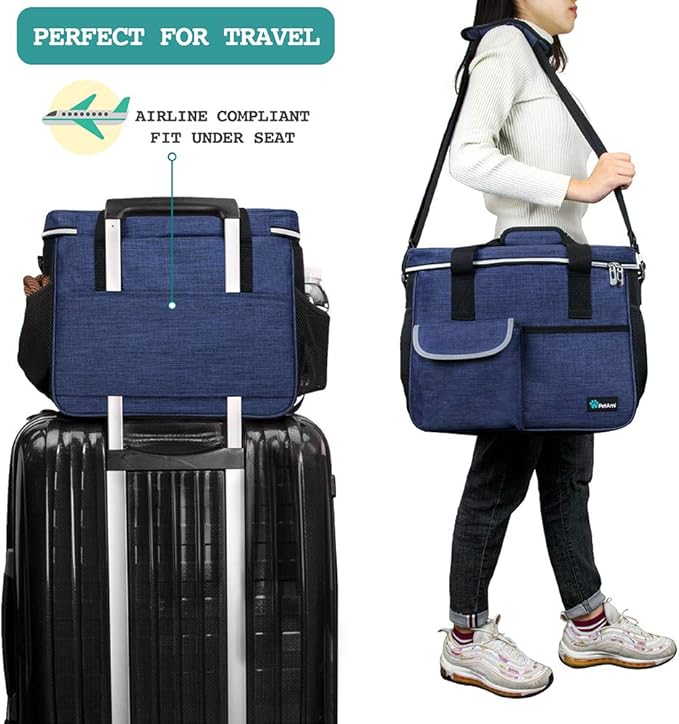PetAmi Dog Travel Bag, Travel Pet Bag Organizer, Dog Food Travel Bag with Container Collapsible Bowls, Pet Travel Supplies Gift Accessories for Weekend Camping, Puppy Cat Diaper Bag, Navy Blue Medium