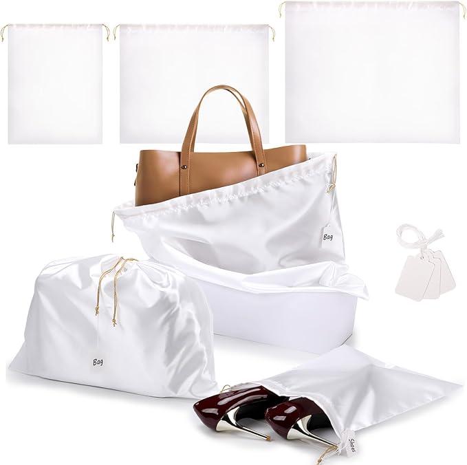 Ewen 3 Pack Satin Drawstring Dustbags for Handbags with Tags, Small Medium Large Dustproof Travel Essentials Organizers, Packing Bag Set for Closet Home Storage Jewelry Shoes Purse Organization, White