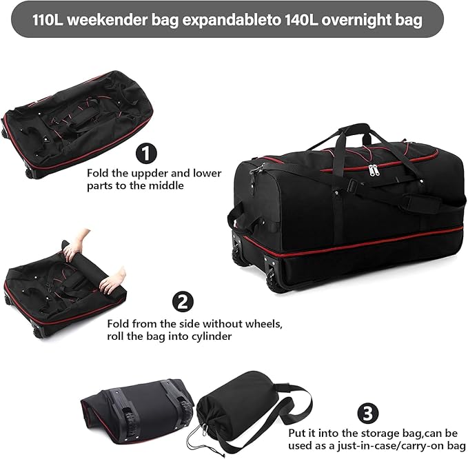 Rolling Duffle Bag with Wheels,110L/140L Expandable Soft-Sided Foldable Duffle Bag with 2 Rubber Wheels,Packable 32” Rolling Carry-On with Multi-Pockets & Compartments