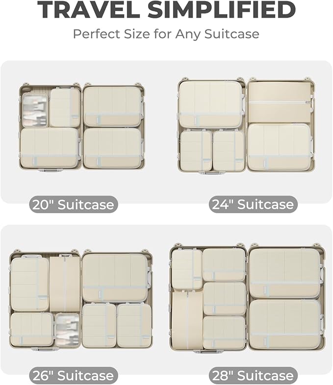 Percover Compression Packing Cubes 8-Piece Set, Packing Cubes Compression for Travel with Laundry Bag & Shoe Bag, Travel Organizer for Carry On & Checked Luggage, Beige