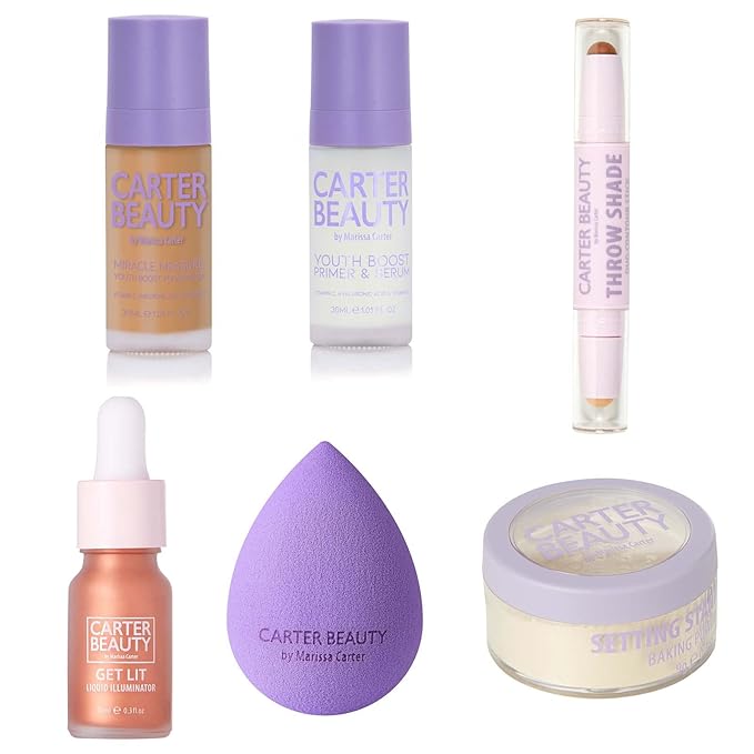Carter Beauty Miracle Skin - Makeup For A More Radiant Effect - Perfect For An On The Go Face Look - Includes Foundation, Illuminator, Contour Stick, Setting Powder - Sticky Toffee - 7 Pc Gift Set