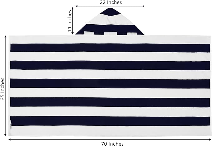 COTTON CRAFT Hooded Beach Towel – Oversized 35 x 70 Towel with Hood for Adults - 100% Cotton Velour Dobby Terry Towel - 450 GSM Pool Bath Wrap - Soft Absorbent Quick Dry – Cabana Stripe Navy