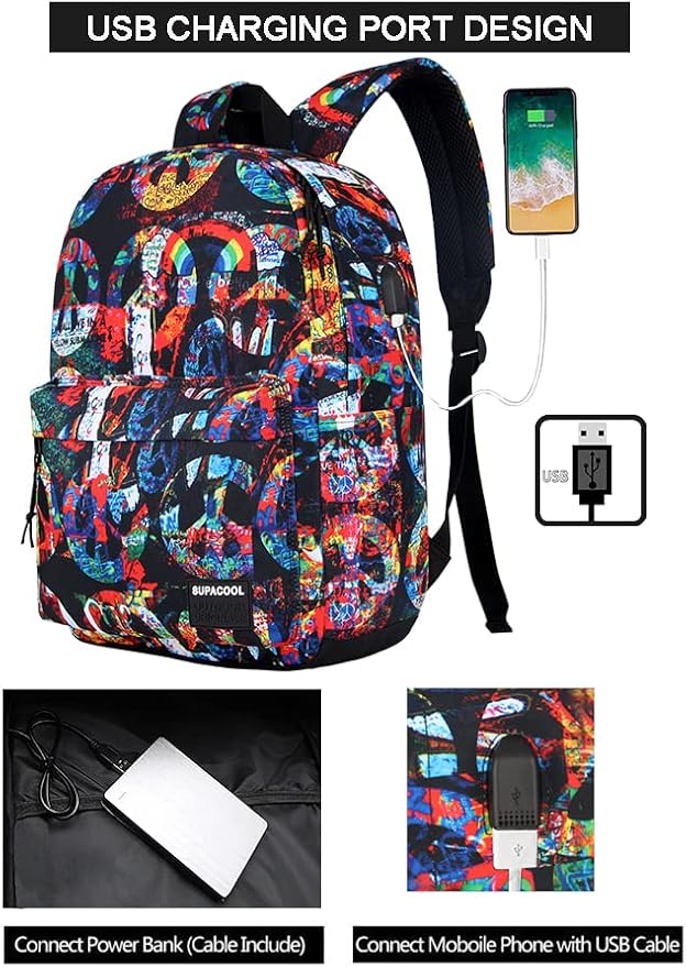 SUPACOOL Casual Laptop Backpack for Men and Women, School Backpack for Boys and Girls, College Bookbag, USB Charging Port, Lightweight Back Pack(Peace)