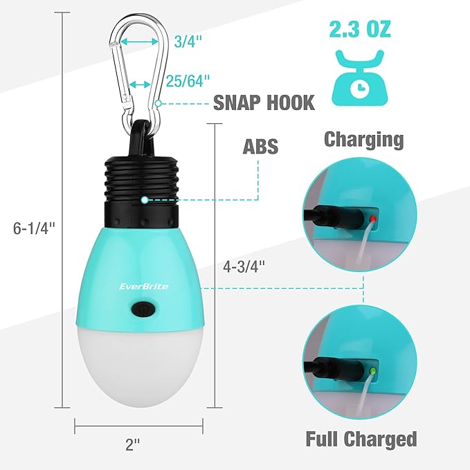 EverBrite Rechargeable Camping Light, Portable Tent Lantern,3 Lighting Modes, Hanging Tent Light Bulbs with Clip Hook for Hiking, Fishing, Backpacking, Emergency and More-Blue