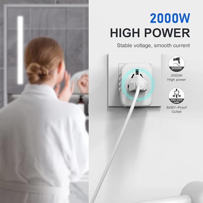 VYLEE Universal International Power Travel Plug Adapter, 5 in 1 European Travel Plug Adapter W/ 3.5A 2xUSB-A and 2xUSB C Wall Charger and Worldwide AC Outlet for Europe USA UK AUS Asia(White)