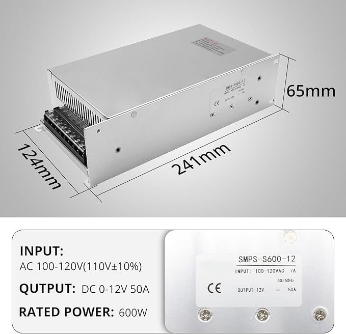 MAKERELE 12V DC Switched-Mode Power Supply SMPS 600w Regulated Switching Power Supply 12V Transformer AC 100V-120V to DC 12 Volt 50amp Converter Adapter Strip 3D Printer CCTV Camera Speaker