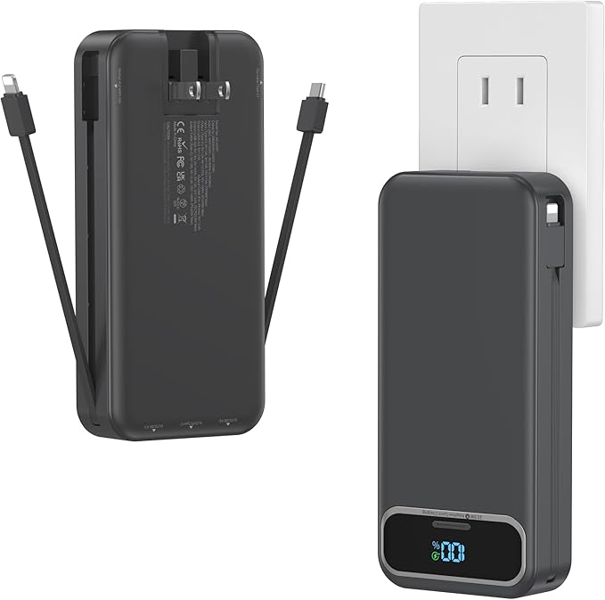 20000mAh Lightweight-Portable-Charger-Power-Bank with Built-in Cables and AC Wall Plug, PD20W USB-C Fast Charging Battery Pack, LED Display External Travel Phone Charger for All iPhone,Samsung,Android