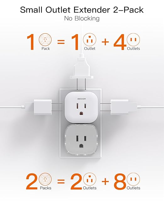 Multi Plug Outlet Extender 2 Pack, Wall Outlet Splitter with 5 Wall Outlets, Small Multiple Plug Extender, Cruise Essentials, Outlet Adapter No Surge Protector for Cruise Ship Home Office Dorm Room
