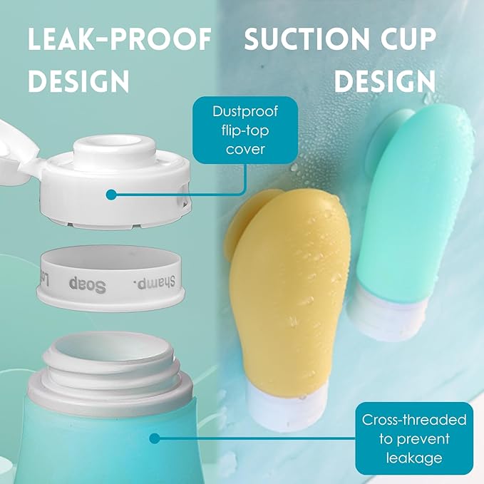 Travel Bottles - 14 Pack Leak Proof, TSA Approved 3oz Travel Size Containers with Suction Cup, Refillable Toiletry Accessories for Shampoo, Conditioner
