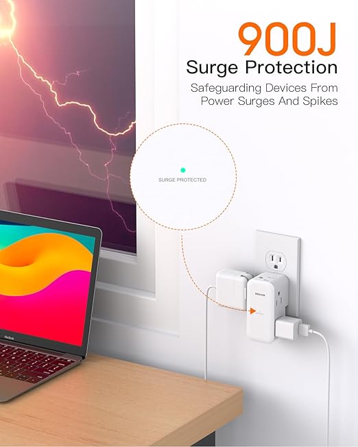 Surge Protector Outlet Extender- with Rotating Plug,6 AC Multi Plug Wall Outlet,4-Sided Outlet Splitter,900J Wall Outlet Adapter for Bathroom,Home,Travel,Dorm Room Essentials