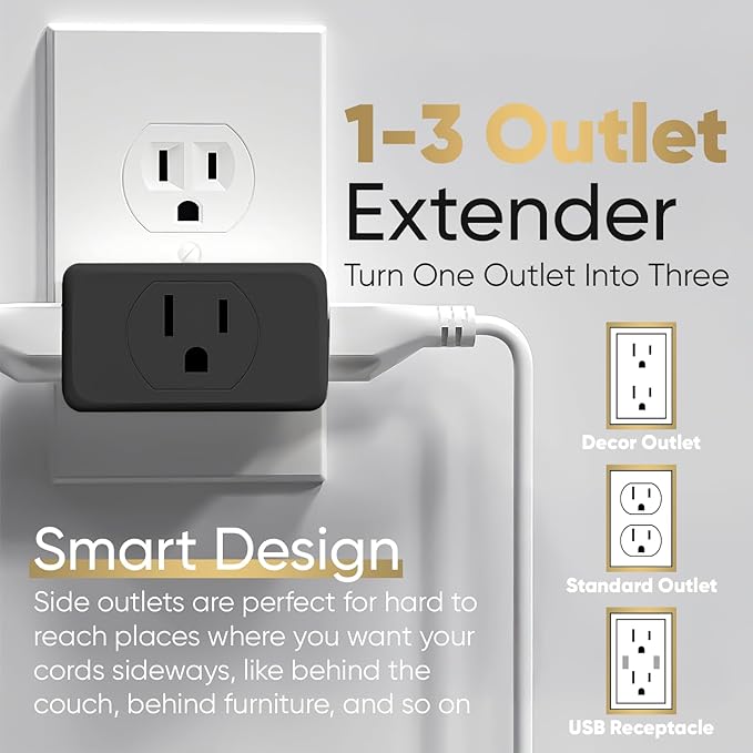 Unidapt Multi Plug Outlet Extender - 3 Way Wall Outlet Splitter, Cruise Ship Approved Power Adapter, Compact Travel Plug Expander for Home, Office, Dorm Room, or Cruise Cabin - Black 2-Pack