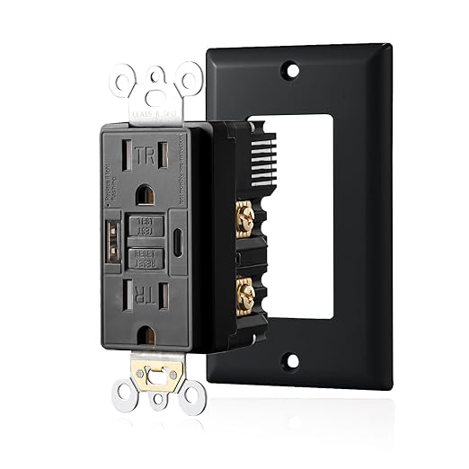 15 Amp Self-Test GFCI Outlet Combination with USB Type A and Type-C, Tamper Resistant Thinner Duplex Outlet, in-Wall, USB Charger for Smartphones, Tablets and Smart Home Appliance, Black
