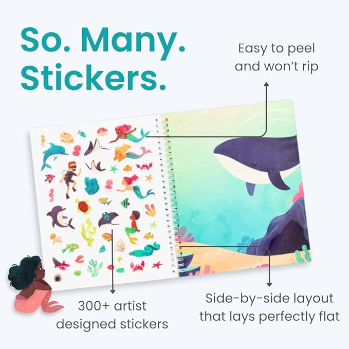 Mystical Mermaids 300+ Kids Sticker Book by Cupkin Toddler Travel Activity Coloring and Sticker Book, Road Trip Essentials, 8 Coloring Pages 8 Side by Side Scenes for Ages 2–8 Years
