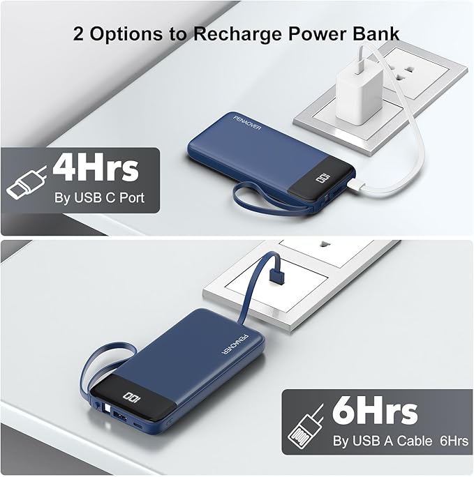 Portable Charger Built-in Cables,10000mAh Power Bank for iPhone,Fast Charge USB C Battery Pack Travel Essentials Slim Lightweight Powerbank Compatible with iPhone 17/16/15/14, Samsung, Android, etc