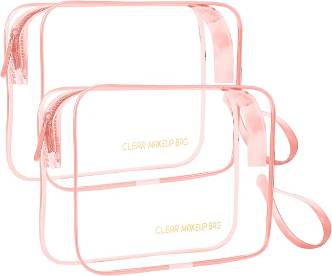 Icramsy Clear Makeup Bag,2 Pack TSA Approved Toiletry Bag Travel Toiletry Bag Hanging Makeup Cosmetic bag for Women Men (Pink)