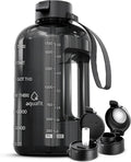 AQUAFIT Half Gallon Water Bottle with Time Marker - Straw & Chug Lid - BPA Free Gym Water Bottle with Straw - Big Gallon Jug (Gray, 64 oz - 2 Lids)
