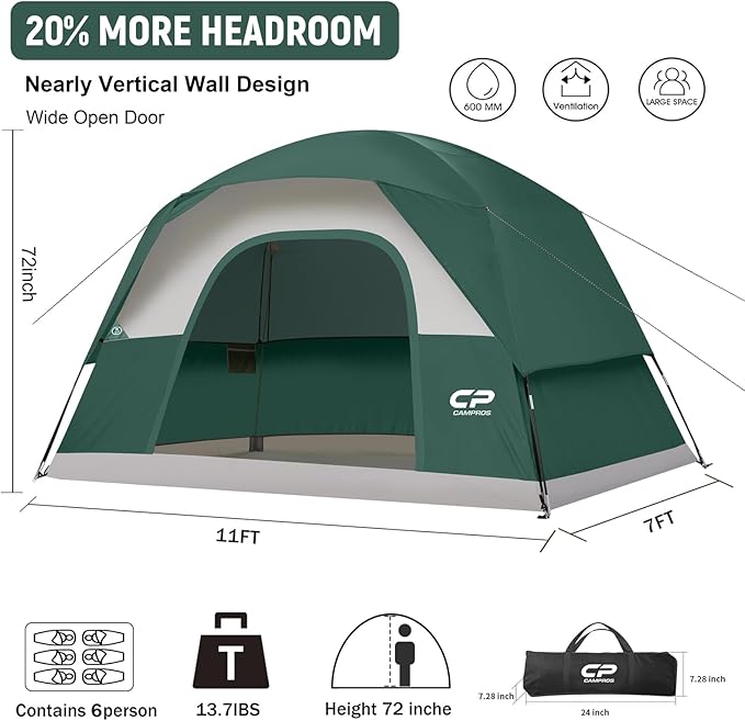 CAMPROS CP Camping Tent 2/4/6 Person, Waterproof Windproof Double Layer Dome Tent, Easy Setup with Large Mesh Windows & Wide Door for Outdoor Camping Backyard