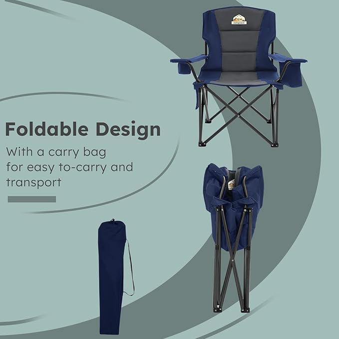 Colegence Oversized Folding Camping Chairs - 450 LBS Support Heavy Duty Camp Chair with Padded Cushion, Portable Outside Chairs with Carry Bag，Cooler, Cup Holder for Outdoor, Lawn, Sports - Blue