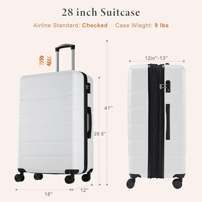 Sweetcrispy 28 Inch Carry on Luggage, Hard Shell ABS Suitcase with Double Spinner Wheels, Lightweight Expandable Rolling Suit Case with TSA Lock, Cream White