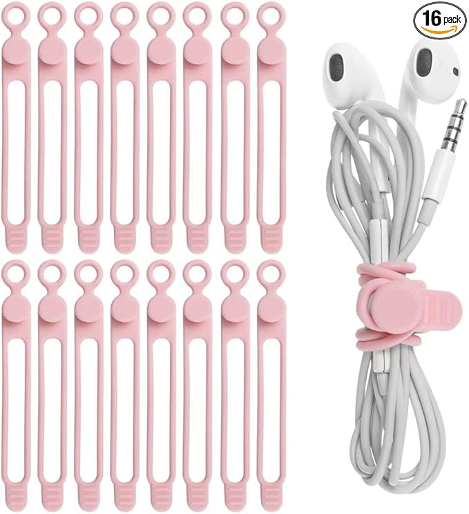 16Pcs Silicone Cable Straps Wire Organizer for Bundling Earphone, Phone Charger, Computer Cords, Reusable Cable Ties Cord Organizer in Home,Office,Kitchen,School(Pink)
