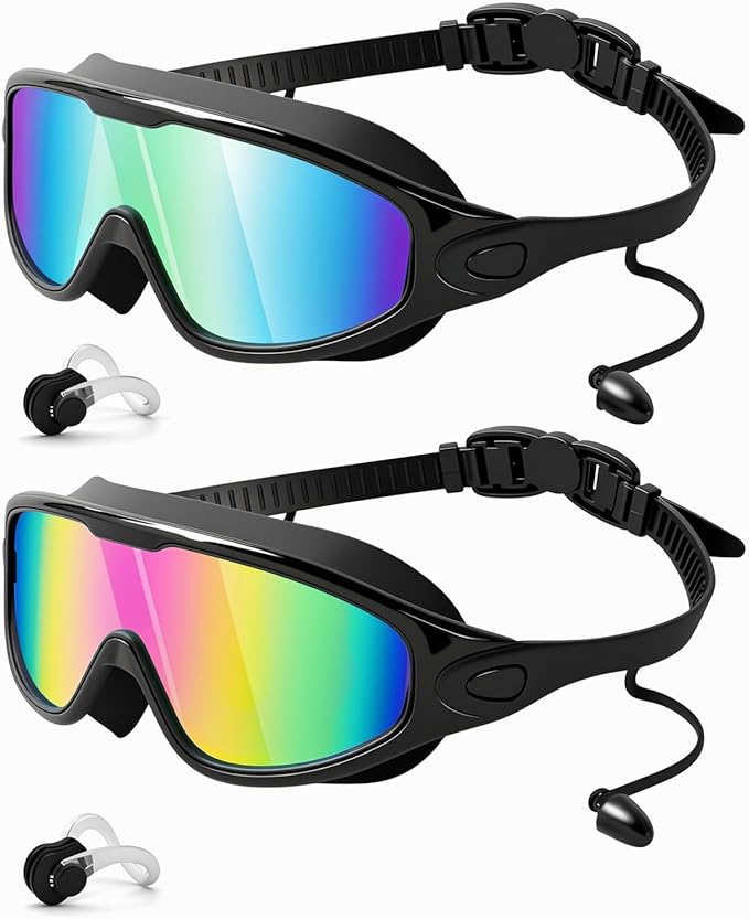 Swim Goggles 2 Pack, Wide View Anti Fog&UV Swimming Goggles for Audlt, No Leak Pool Beach Essentials for Men Women