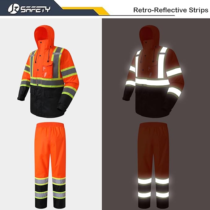 JKSafety Hi-Vis Reflective Safety Rain Jacket and Pants for Men Women Waterproof Rain Gears for Farming Fishing Work HV Rain Suit with Inner Mesh Lining and Pockets (117-Orange L)