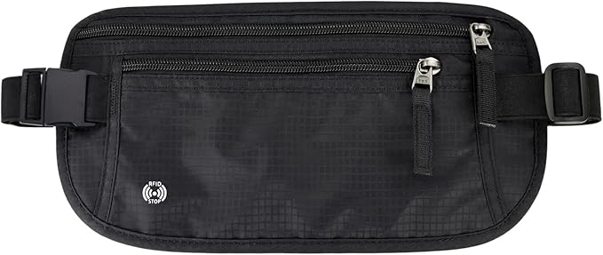 FuninCrea Waterproof Hidden Money Belt for Travel, Anti-Theft Belt Bag with RFID Blocking Function Adjustable Slim Waist Bag with 2 Zipper Pockets and 1 Back Pocket for Travel Running (Style 2, Black)