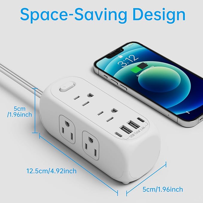 HITRENDS 6 Outlet Power Strip with Surge Protector & ETL Listed, 5ft Extension Cord, 4 USB Ports (3A+1C), Flat Plug, 1250W/10A, Wall Mount, Multi Outlet Extender for Home Office Dorm - White