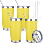 20 oz Tumbler with Lids and Straws, Stainless Steel Insulated Travel Coffee Mug, Double Wall Vacuum Insulated Tumblers, Powder Coated Coffee Tumbler for Cold & Hot Drinks (Yellow, 4 Pack)