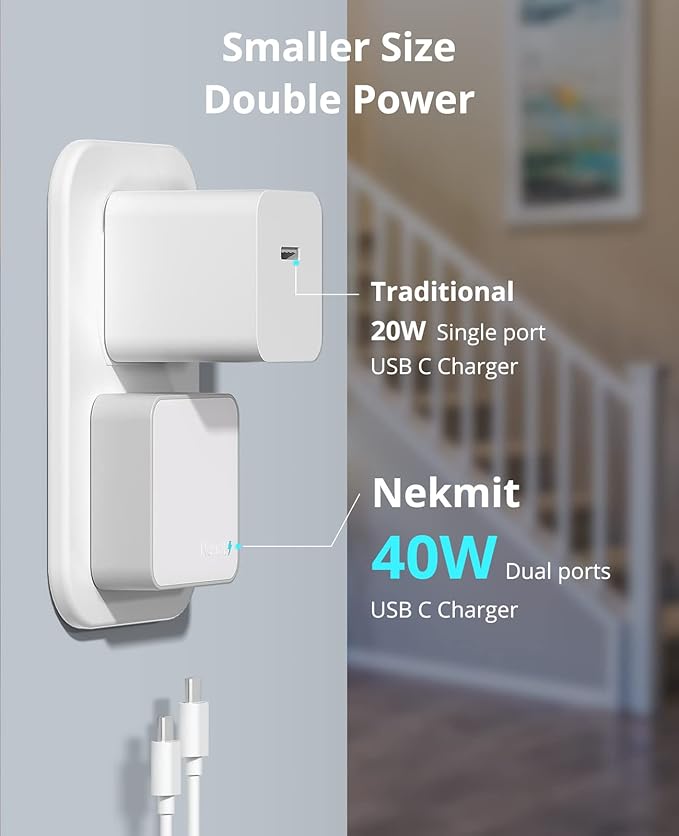 Nekmit Dual Port USB C Wall Charger, 40W PD Fast Charging USB C Wall Plug Adapter, Flat Thin Slim Charger Block for iPhone 17/17 Pro/17 Pro Max, Galaxy, MacBook Air, iPad, AirPods and More