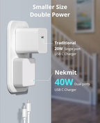 Nekmit Dual Port USB C Wall Charger, 40W PD Fast Charging USB C Wall Plug Adapter, Flat Thin Slim Charger Block for iPhone 17/17 Pro/17 Pro Max, Galaxy, MacBook Air, iPad, AirPods and More