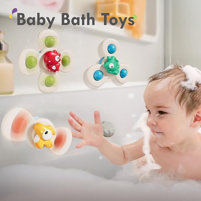 ALASOU 3PCS Suction Cup Spinner Toys for 1 Year Old Boy Girl|Spinning Top 12 18 Months|1 2 Year Old Boy Birthday Gift|Baby Bath Toy for Kids Ages 1-3|Sensory Airplane Travel Toy for Infant Toddlers