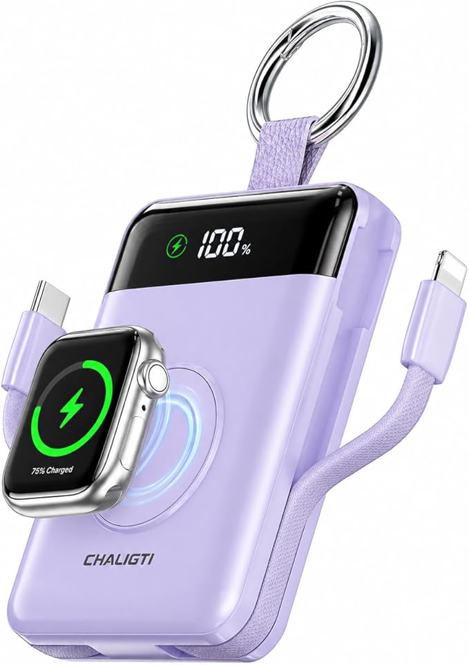 Portable Charger,5000mAh PD 20W Super Fast Charging Power Bank with Built-in Cables,Travel Keychain Battery Pack for Apple Watch Ultra/11/10/9/8/7/6/SE,iPhone 17/16/15/14/13/12 (Purple)