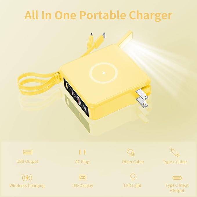 Wireless Charging Portable Charger with Built-in Cables & AC Wall Plug, 10000mAh Power Bank with LED light, PD 22.5W Fast Charging Travel Portable Charger for iPhone, Samsung, Android(No-Magnetic)