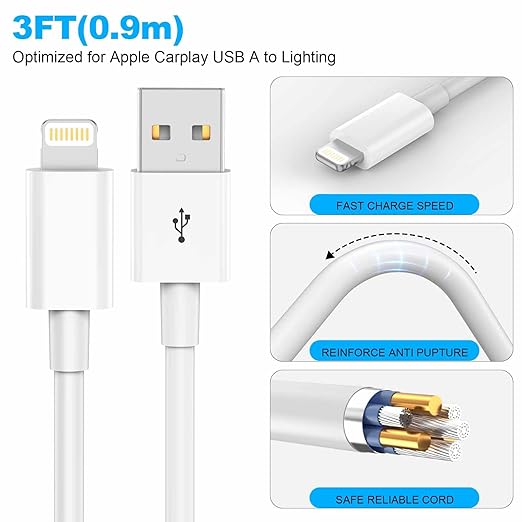 Car Apple Carplay Cable，USB A to Lightning Cable 3FT Compatible with iPhone 14 13 12 11 Pro Max XR XS X Charger Cord，Car Charging Cord