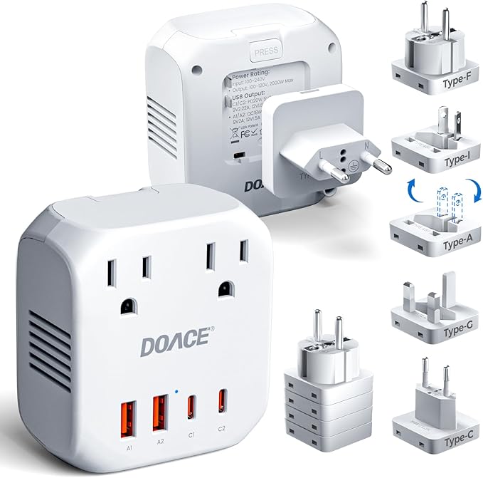 Upgraded 2000W Voltage Converter US to Europe for Hair Dryer - 220V to 110V Converter for European Travel, Power Converter Adapter Combo with 2 PD/QC & UK/AU/US/IT/European Travel Plug Adapters
