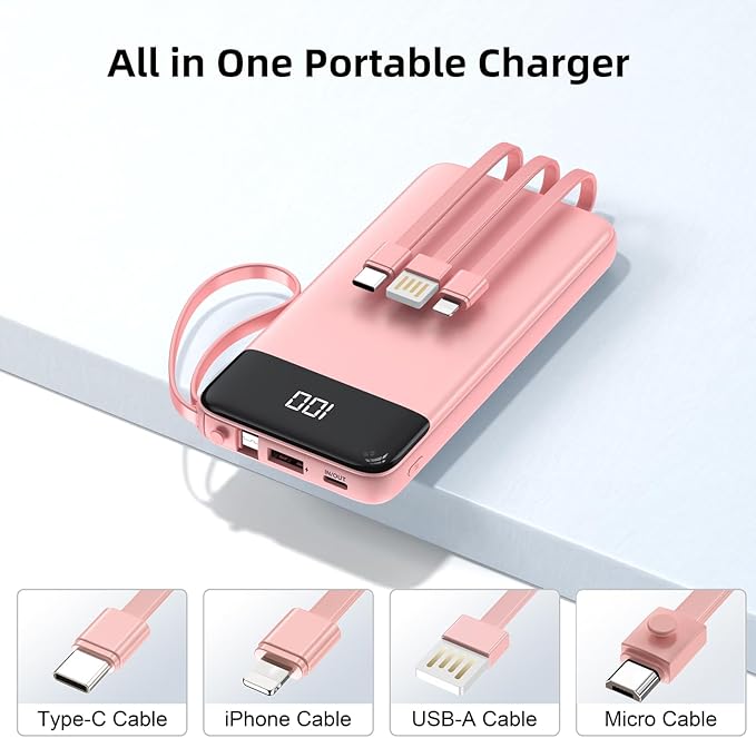 Portable Charger Built-in Cables,10000mAh Power Bank for iPhone,Fast Charge USB C Battery Pack Travel Essentials Slim Lightweight Powerbank Compatible with iPhone 17/16/15/14, Samsung, Android, etc