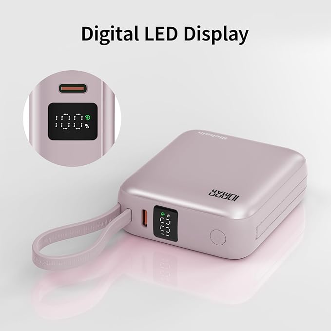 Hichain Small Portable Charger with Built in Cables LED Display, Mini Power Bank 10000mAh 22.5W USB-C Fast Charging Battery Pack, Travel Essential Power Bank for iPhone, iPad, Samsung, Android Pink