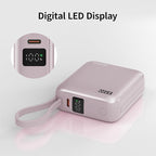 Hichain Small Portable Charger with Built in Cables LED Display, Mini Power Bank 10000mAh 22.5W USB-C Fast Charging Battery Pack, Travel Essential Power Bank for iPhone, iPad, Samsung, Android Pink