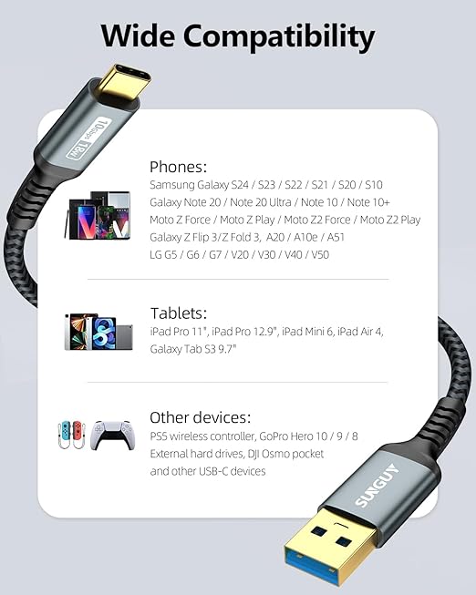 SUNGUY 10Gbps USB C 3.1 Gen 2 Cable, 4FT USB A to USB C 3A Fast Charging & Data Transfer Android Auto Cable Compatible with iPhone 17/16/15 Pro Max, Galaxy S23 S22 Ultra Note 20, SSD
