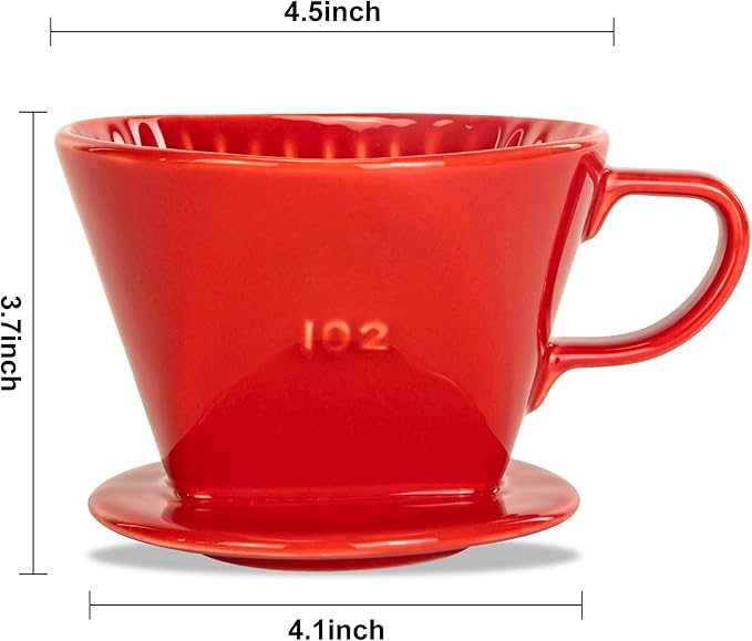 Pour Over Ceramic - Coffee Dripper Ceramic Coffee Maker with 3 Holes Flat Bottom, Porcelain Slow Filter Cone for Travel, Camping, Office, Home, Coffee Maker Brew, Red