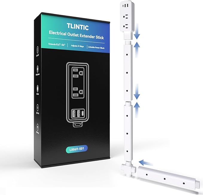 Electrical Outlet Extender Stick - Modular Expandable Power Extender with 2 AC Outlets & 3 USB Ports, for Behind Furniture
