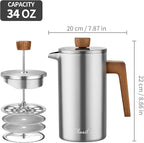 French Press Coffee Maker, 34oz Stainless Steel Coffee Press Real Wood Handle, Double Wall Insulated French Coffee Press with Dual-Filter Screen, Perfect for Camping & Kitchen Use